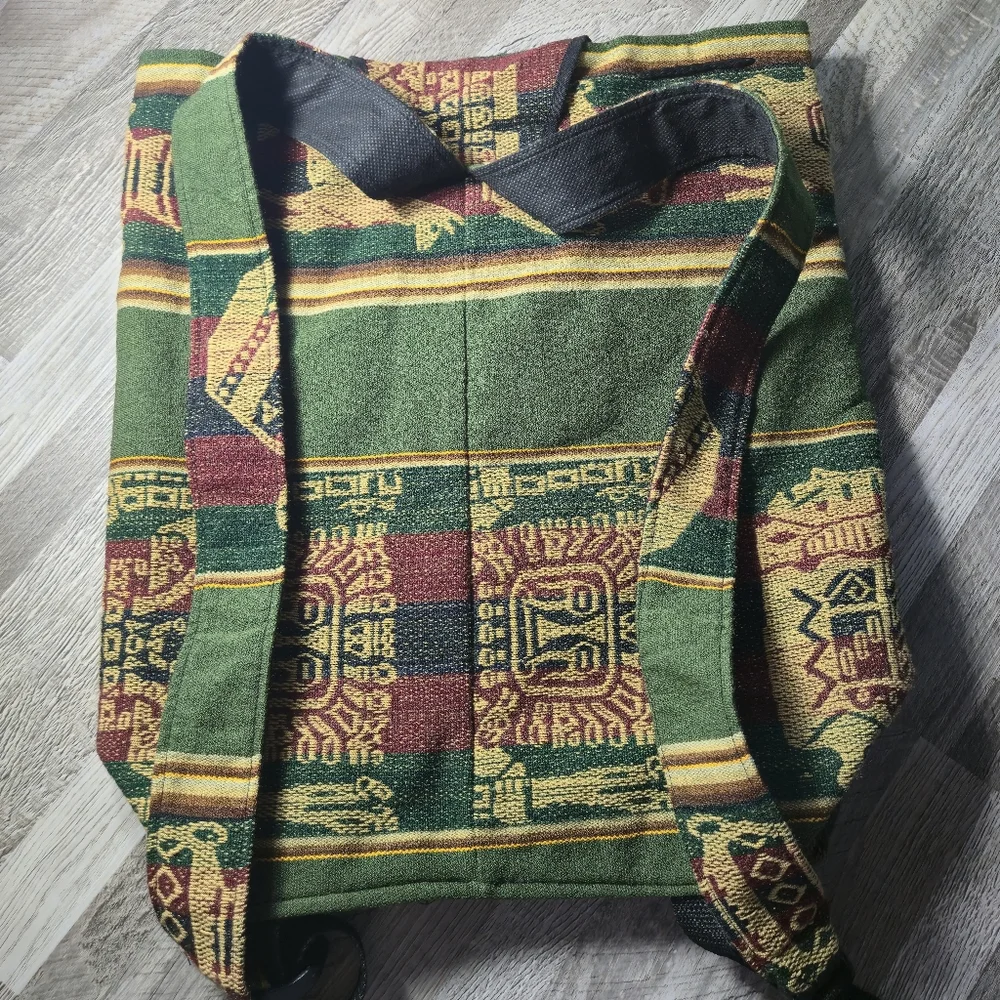 Unbranded OS Vintage Baja Woven Tapestry Backpack Boho Aztec Green Maroon - Picture 4 of 10